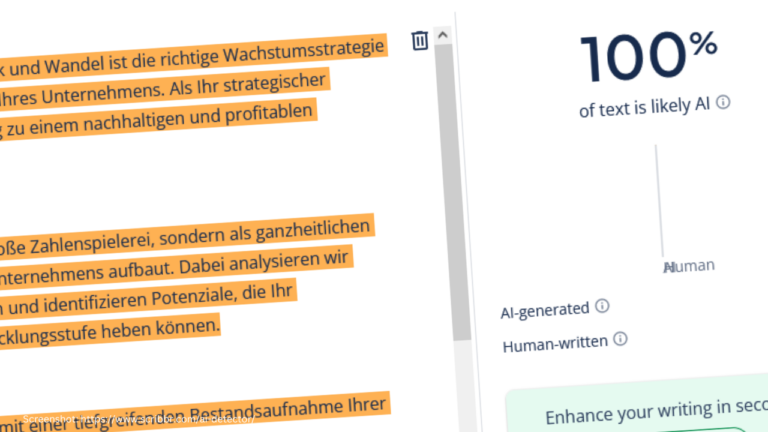 Screenshot: Dieser Text wurde von einem KI-Text-Checker als 100 Prozent KI generiert entlarvt