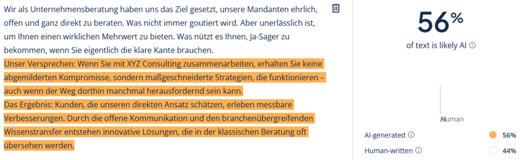 Screenshot: AI-Check eines teilweise von der KI generierten Textes