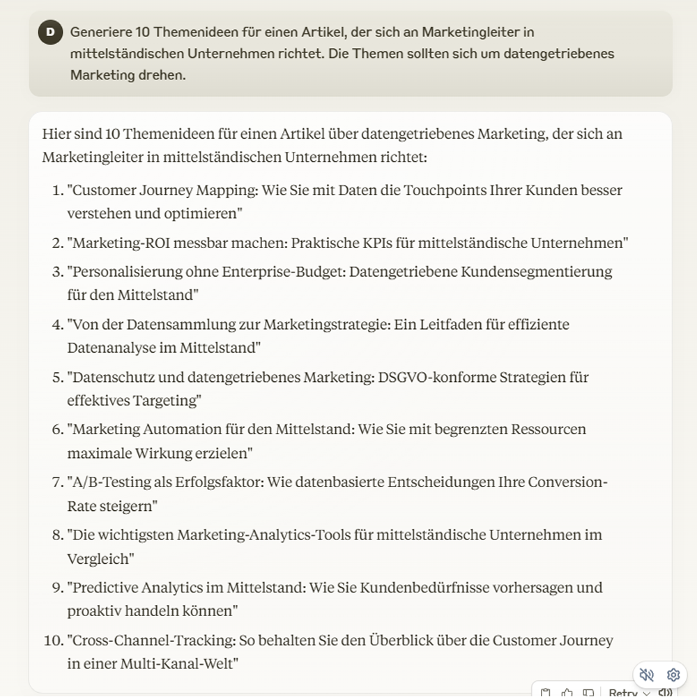 Screenshot claude: Generiere 10 Themenideen für einen Artikel, der sich an Marketingleiter in mittelständischen Unternehmen richtet. Die Themen sollten sich um datengetriebenes Marketing drehen.